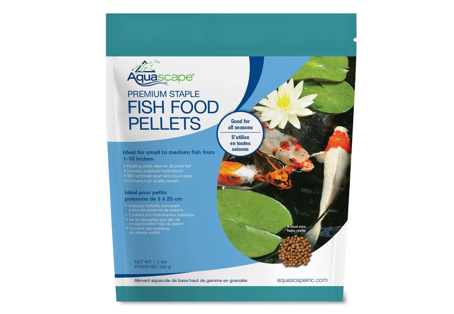 Aquascape Premium Staple Fish Food Pellets for Small to Medium Pond Fish, Medium Pellet, 1.1 Pounds
